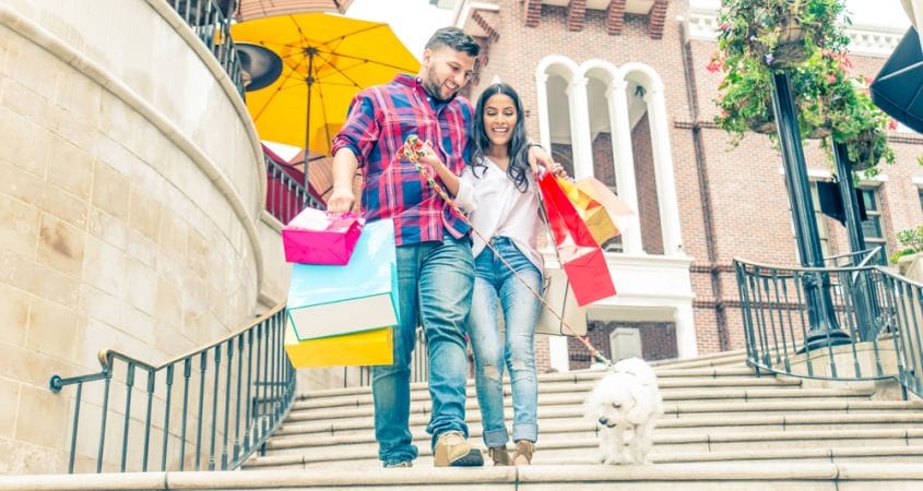 couple shopping with dog