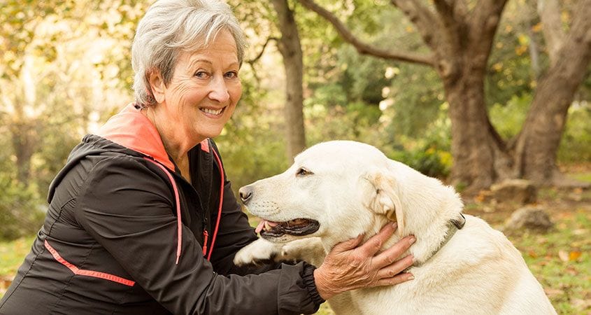 Senior citizen gets comforted by dog