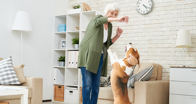 A lady gives her dog a treat for good behavior.