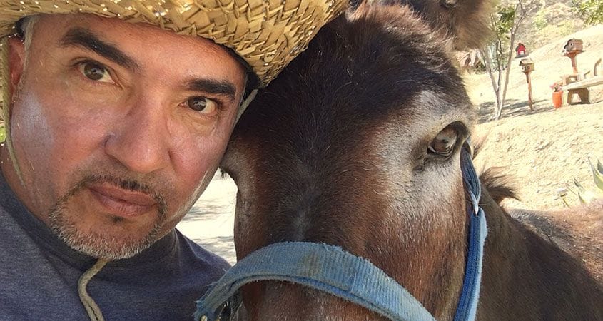 Cesar Millan poses with a horse.