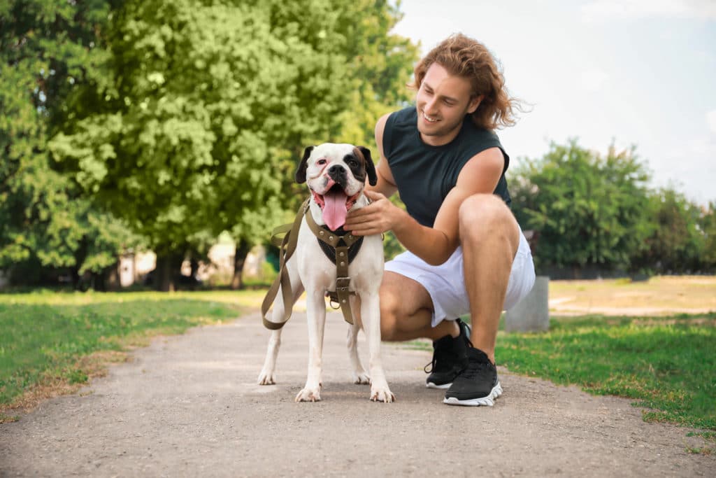 A woman walks her dog as part of her exercise routine