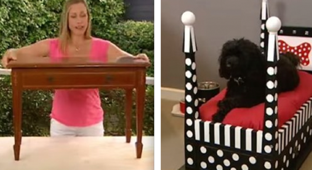 A woman transforms an old table into a beautiful dog bed.