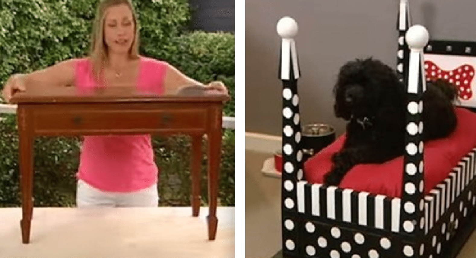 A woman transforms an old table into a beautiful dog bed.